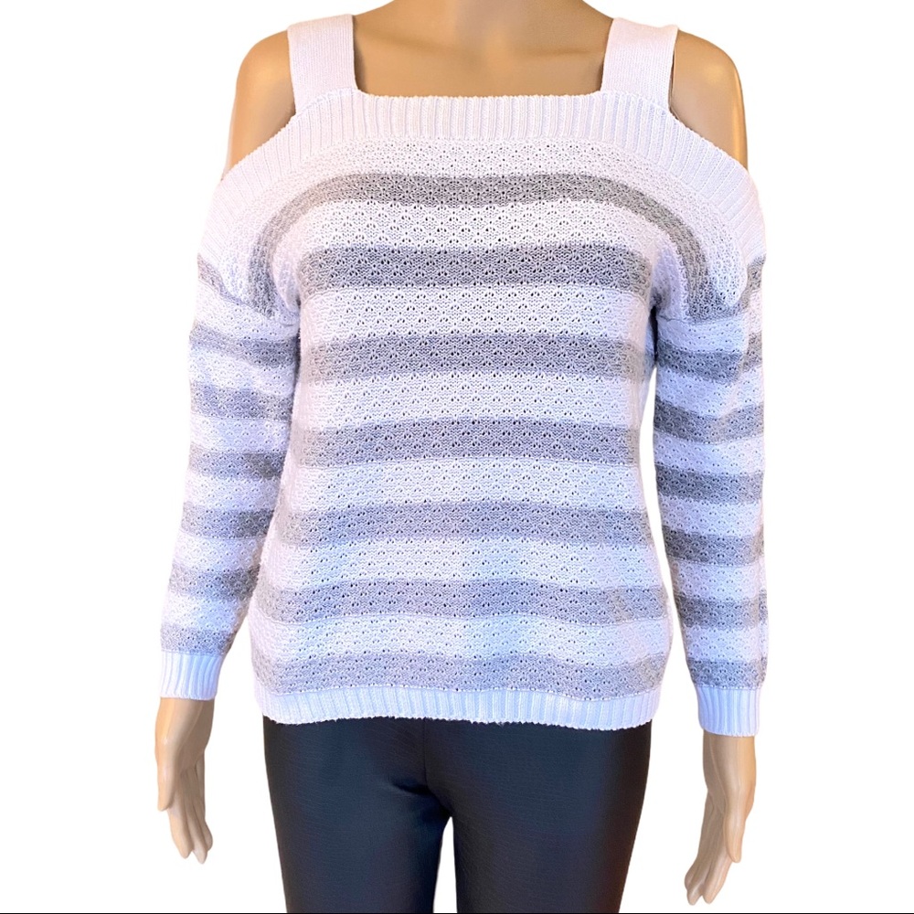 SO Cut Out Cotton Off the Shoulder White Gray Stripe Top Small
